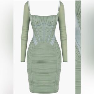 House of CB Freyja Satin Ruched Long Sleeve Body-Con Dress